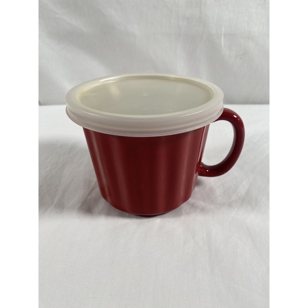 Good Cook Stoneware Red & White Ribbed Ramekin 16oz Coffee Soup Mug Cup Lid